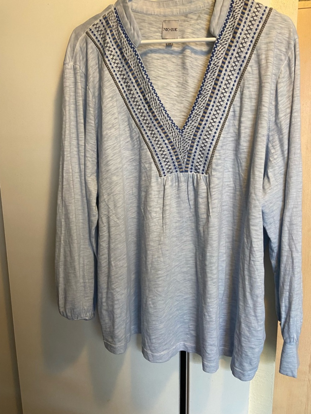 NIC+ZOE Light Blue V-Neck Embroidered Tunic